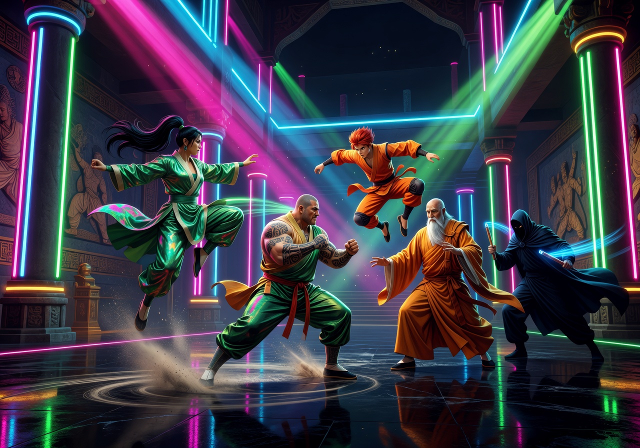 Funhideoutsprout team and neon kungfu temple headquarters illustration