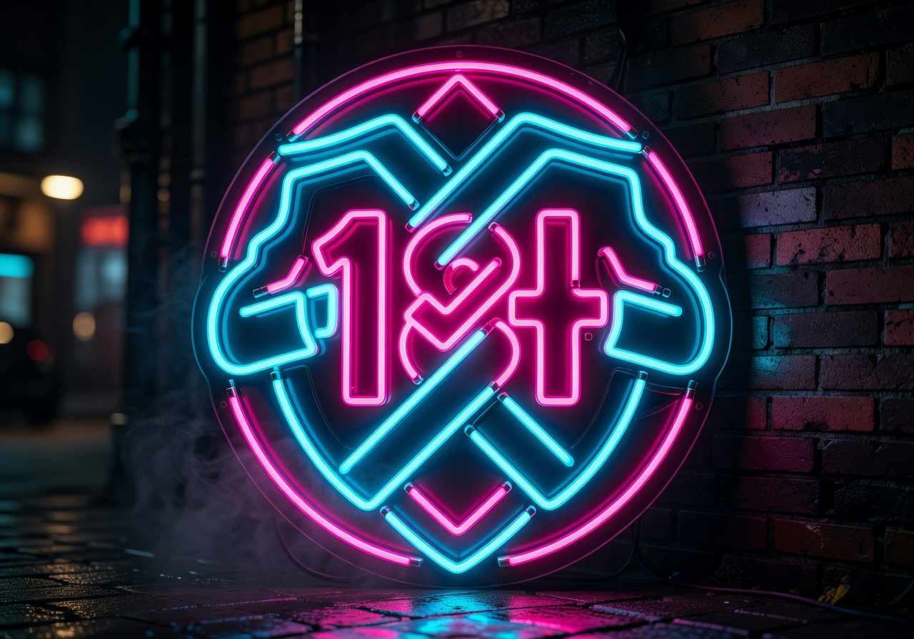 Neon 18 plus age verification badge with kungfu shield