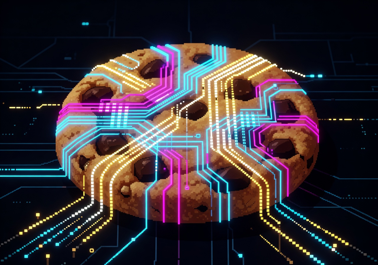 Pixel art cookie with neon tracking circuits and data streams
