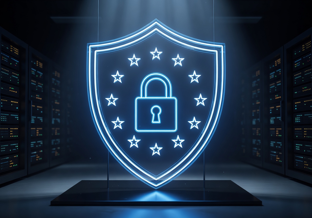 GDPR compliance neon shield with EU stars and digital lock