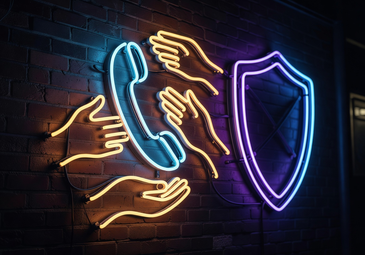 Neon support hotline phone with helping hands and confidential shield