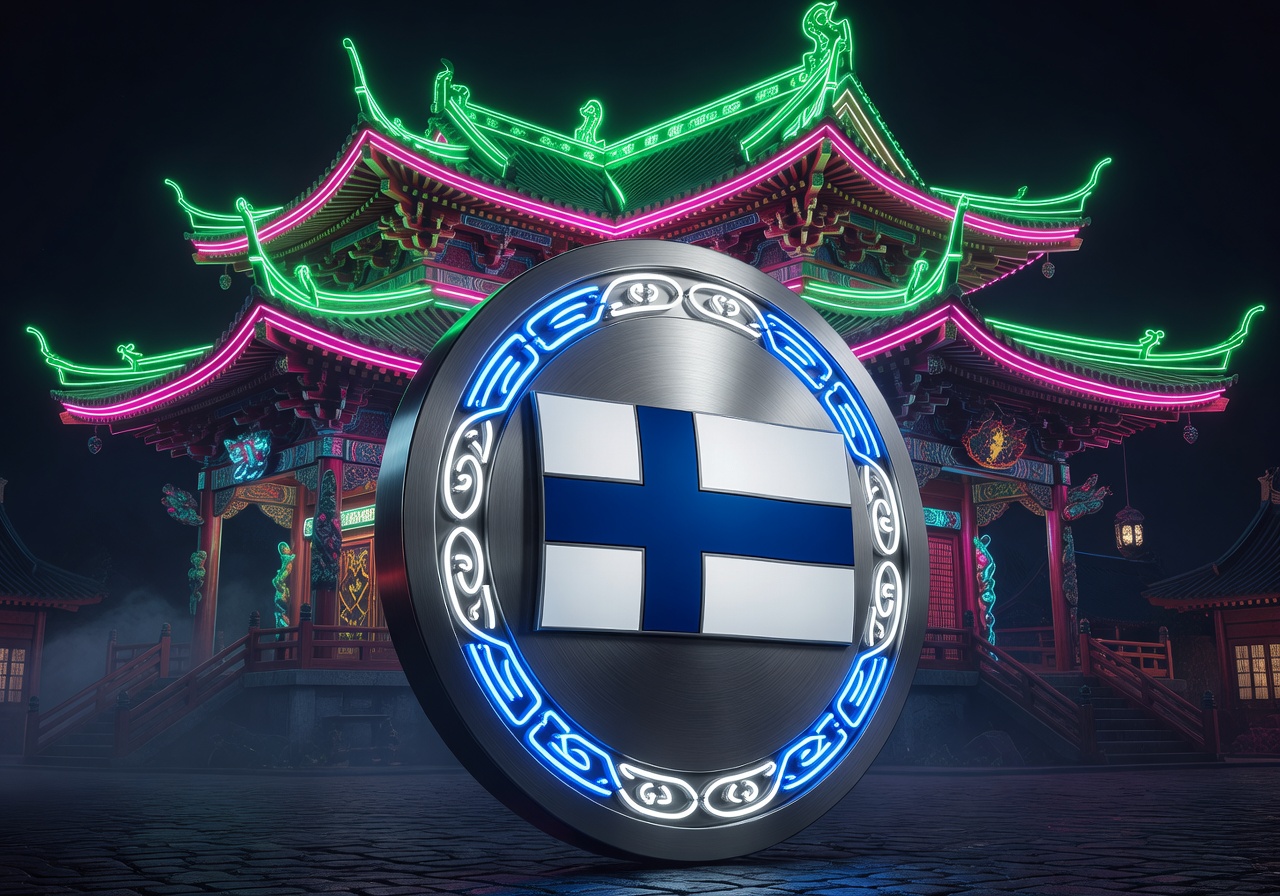 Finnish legal compliance shield with neon kungfu temple