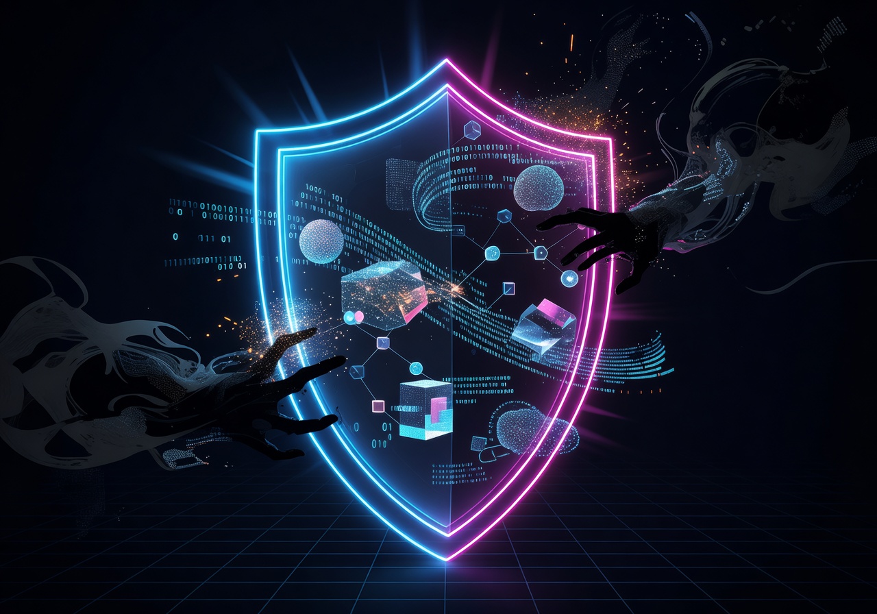 Neon shield protecting digital data privacy illustration