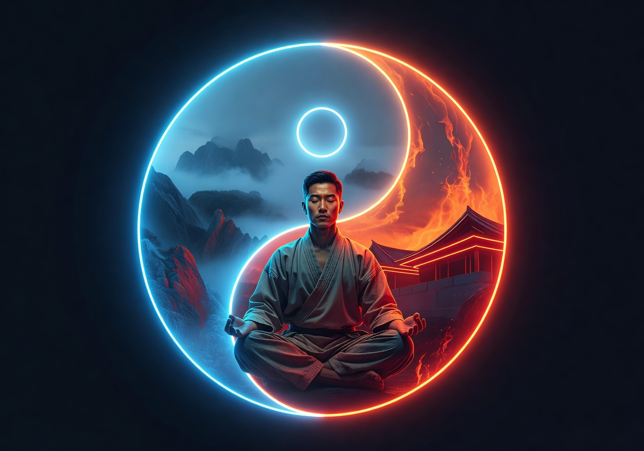 Neon yin yang balance symbol with kungfu warrior meditating responsibly