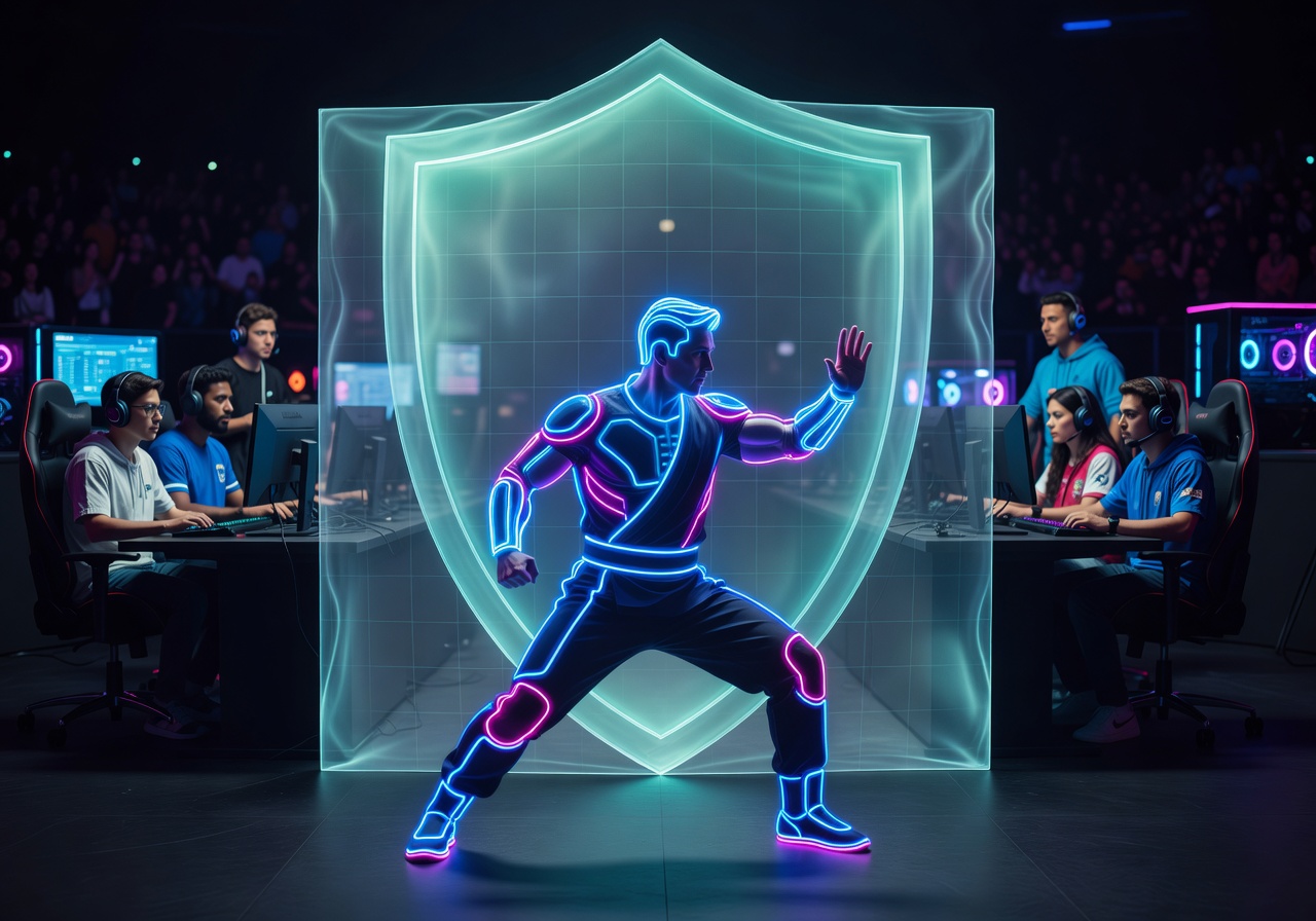 Neon kungfu warrior standing behind shield protecting players from harm