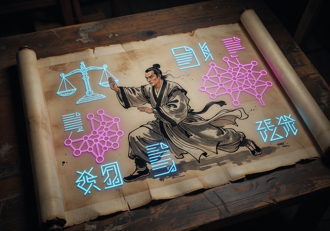 Ancient kungfu scroll with neon legal contract symbols